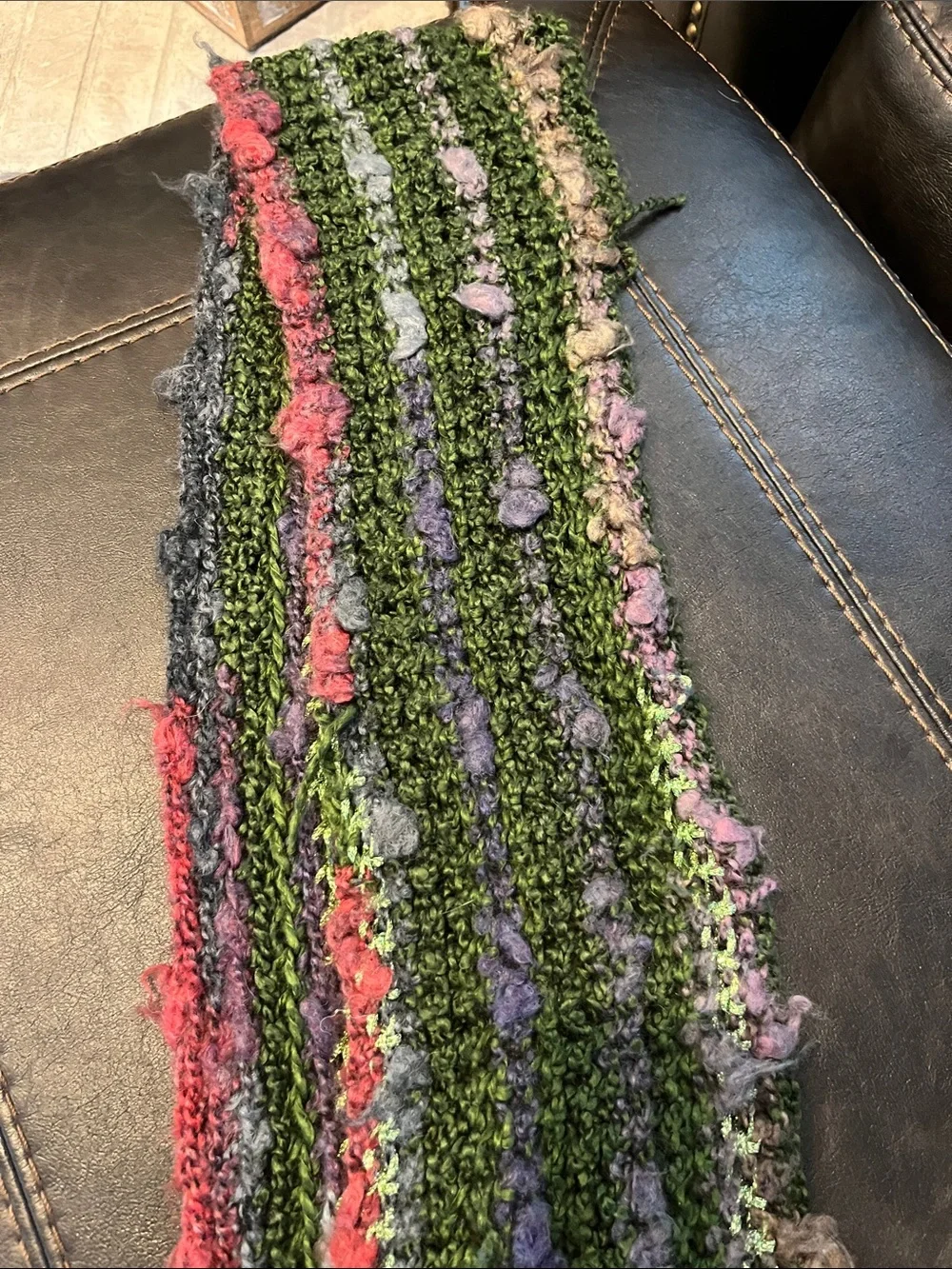 Handcrafted Multicolor Knit Scarf - Green, Pink & Purple